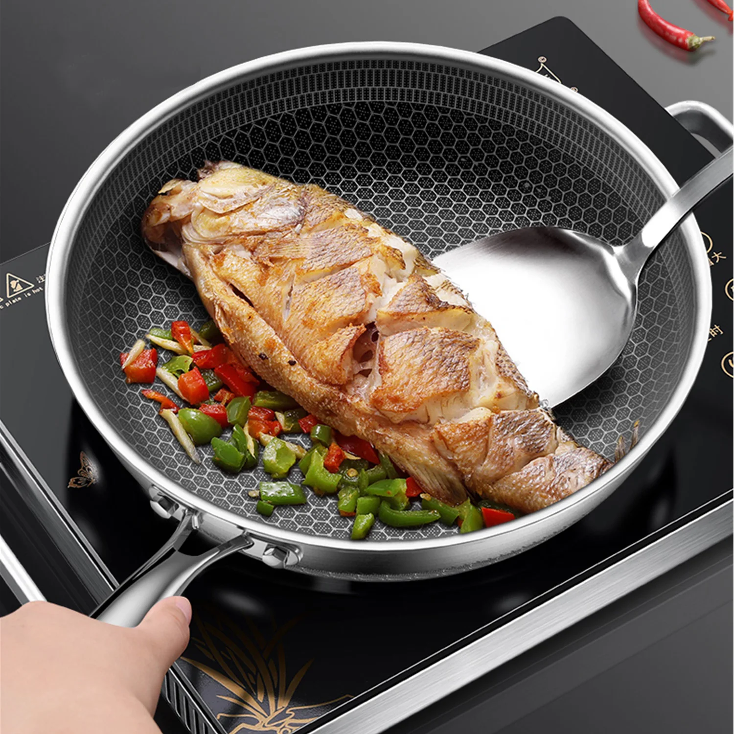

Frying Pans with Glass Lid 316 Stainless Steel Skillet Honeycomb Wok Pan