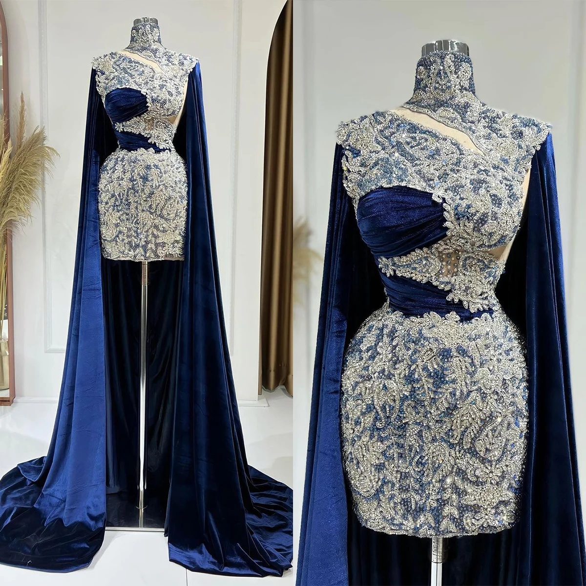 

Royal Blue Evening Dresses High Neck Beaded Crystals Prom Gowns Custom Made Long Sleeves Sexy Party Dresses