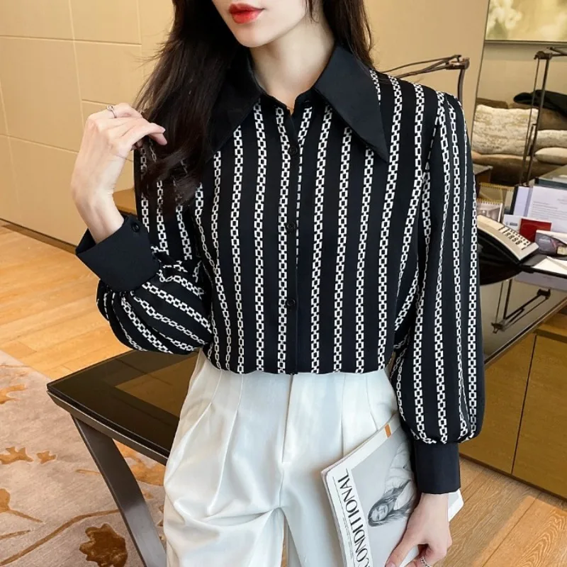 

Chiffon Stripe Casual Women's Shirt Loose Fashion Prints Blouses Ladies Clothing Full Spring/Summer Polo-neck Tops YCMYUNYAN
