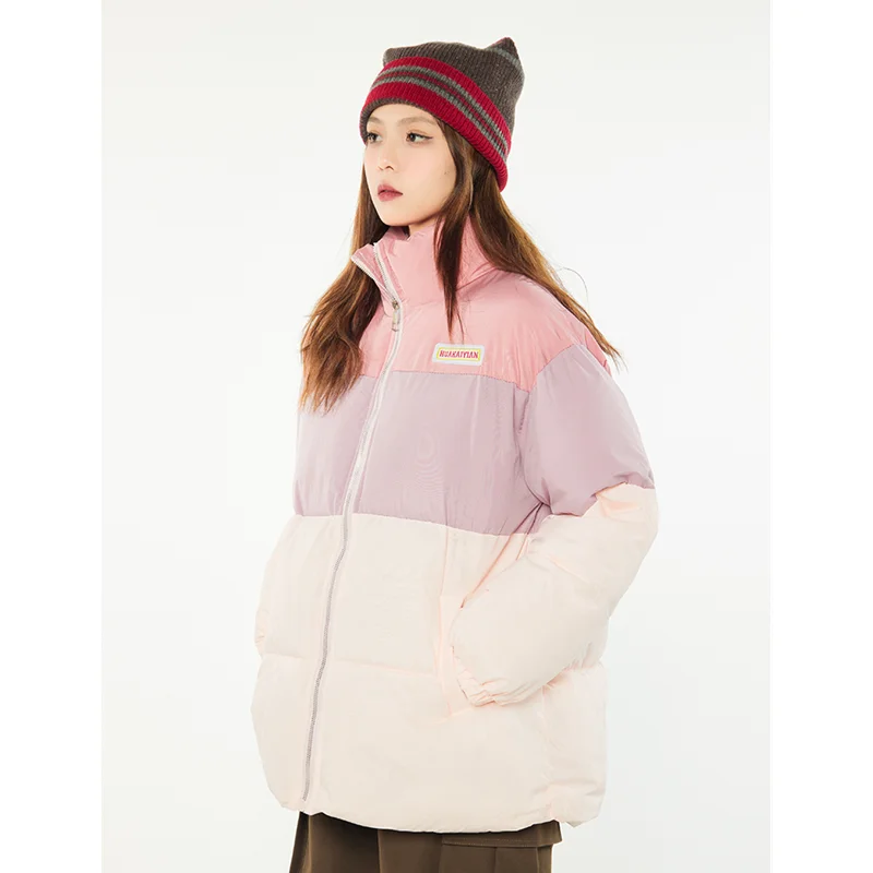 Women Pink Down Jacket Stand Collar Splicing Color Contrast Fashion Thicken Warm Feather Duck Down Female Puffer Winter Outwear