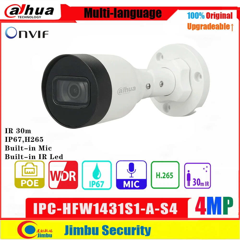

IP-камера Dahua 4MP POE Outdoor IPC-HFW1431S1-A-S4 WDR IR 30M Встроенный микрофон Ночное видение IP67 P2P мини-цилиндрическая камера CCTV Веб-камера