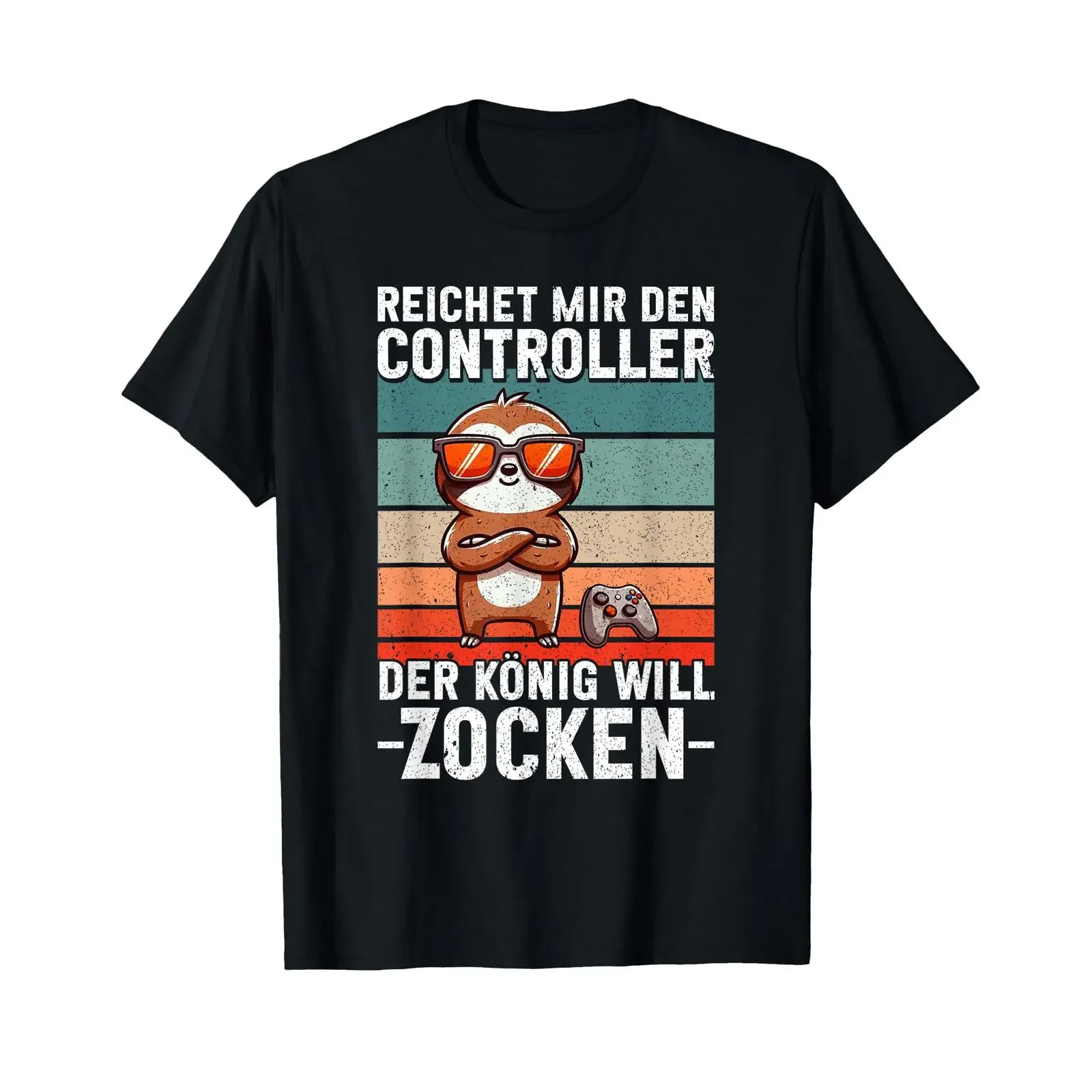 Фото Футболка «Reichet Mir Den Controller Faultier Der König Will Zocken» винтажная, стильная, повседневная, мужская, эластичная, мягкая, универсальная. №1