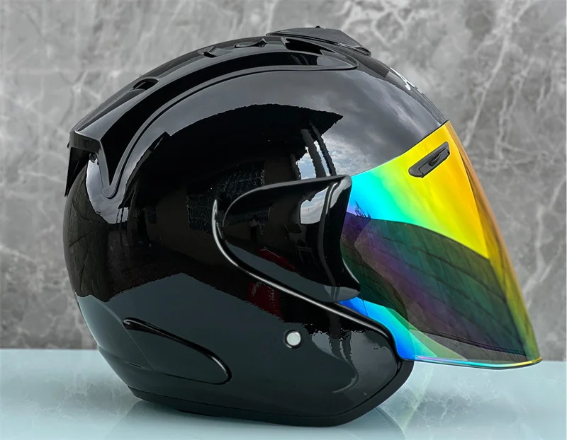 Ram4 Ярко-черный полушлем с открытым лицом для мужчин и женщин мотоциклетный