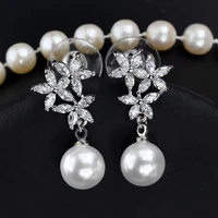 fashion silver color crystal white drop simulated pearl earrings with zirconia flowers for brides