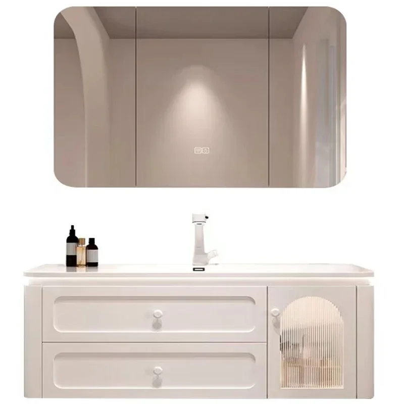 Фотообои для стен с двойной раковиной и выдвижными ящиками