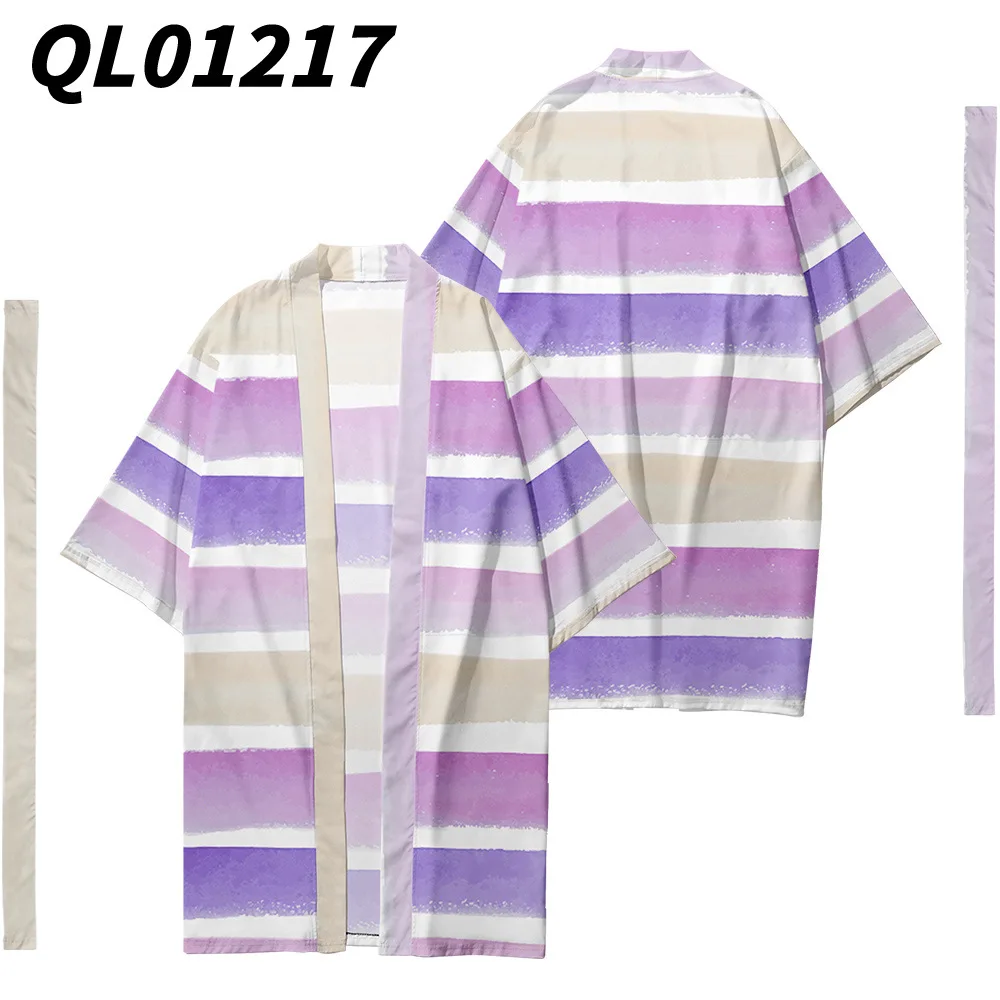 

Harajuku Purple Striped Print Cardigan Haori Cosplay Long Kimono And Pant Japanese Shirt Women Men Two-piece Suit Yukata