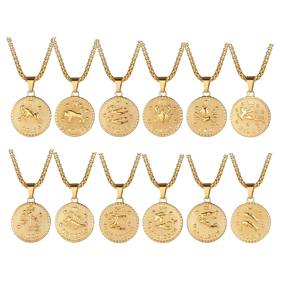 

Stainless Steel Twelve Constellations Gold Coin Pendant Necklace Virgo Leo Aries Taurus Jewelry Practise Divination Gift