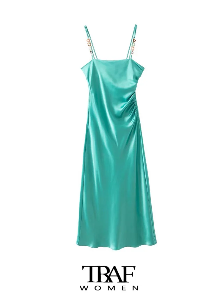 

TRAF Women Fashion With Chains Straps Gathered Party Midi Dress Vintage Backless Side Zipper Female Dresses Vestidos Mujer