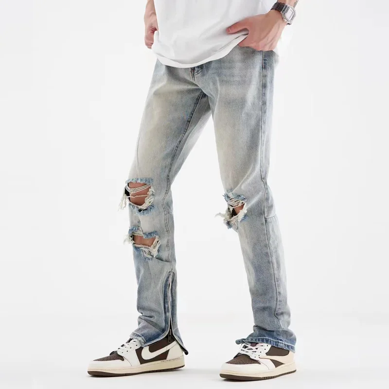 

Men's and Women Same Style Trousers Four Seasons Trend Ripped Blue Stitching Denim Straight Luxury Jeans Streetwear Ins Hot Sale