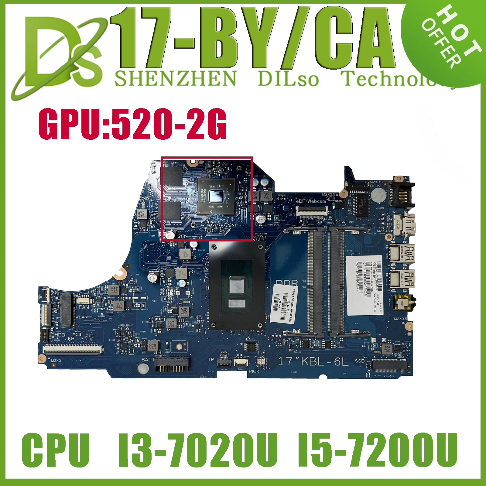 KEFU 17-BY материнская плата для HP 17-BY 17-CA материнская плата для ноутбука с I3-7020U I5-7200U GPU 520/V2G L22744-001 L22744-601 6050A2982701