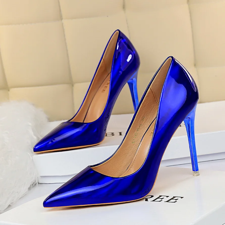 

2023 Women 10.5cm High Heels Blue Green Valentine Pumps Luxury Glossy Stripper Stiletto Wedding Bridal Fetish Shoes Plus Size 43
