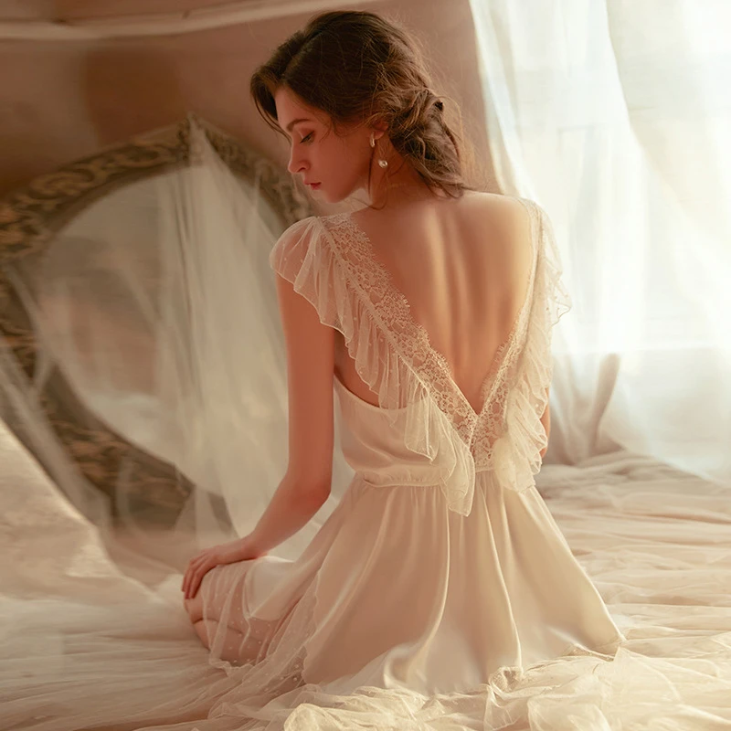 Sexy Women's Nightwear Sex Night Dress Women Sleepwear Lingerie V-Neck Women's Pajamas Solid Night Wear Lace Satin Dress Women