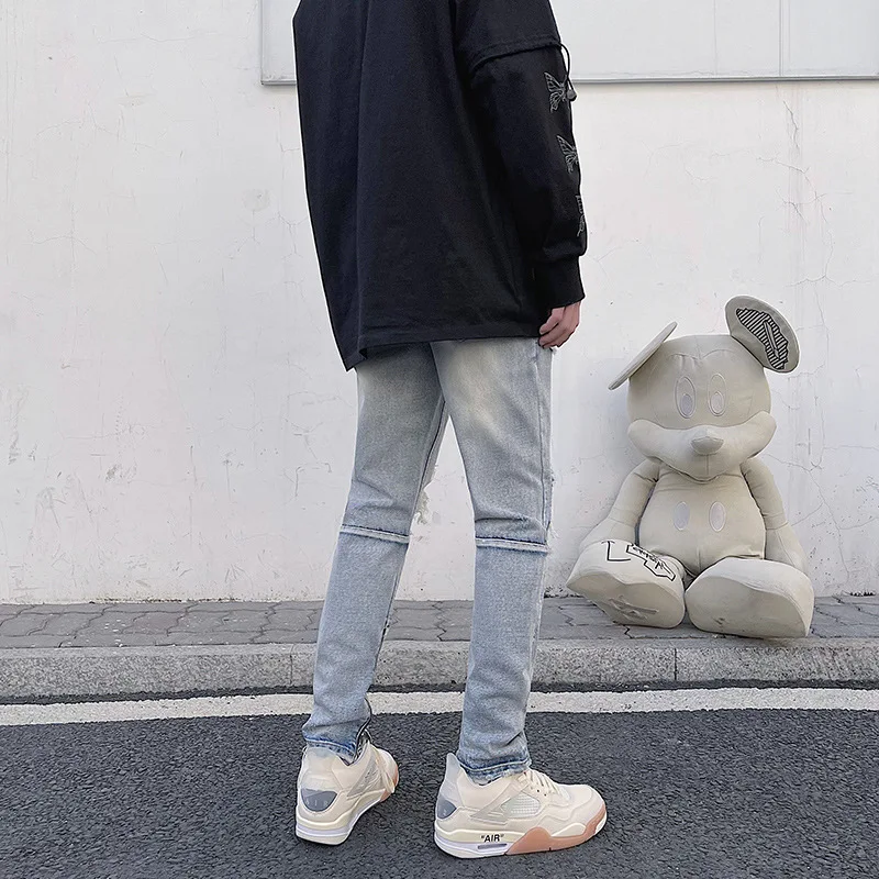 DEEPTOWN Ripped skinny Jeans Casual Slim Denim Pants Streetwear Zipper Fashion Trousers Male Straight Pants Youth All-match