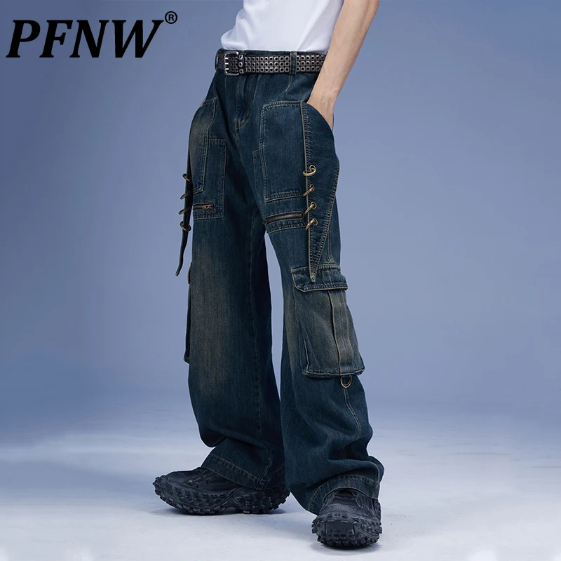 

PFNW Spring Autumn Men's Fashion Vintage Pioneer Denim Pants Pockets Heavy Industry Washed Baggy Straight Darkwear Jeans 28A0120