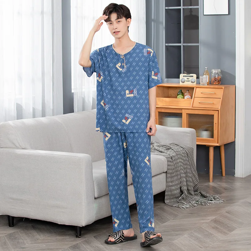 Men's Pajamas Summer Short Sleeve Cotton Silk Thin Pajamas Oversize Round Neck Men's Suit Home Clothes