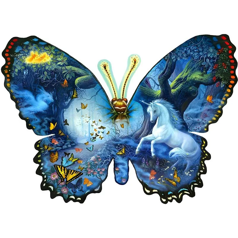 Unique Wooden Animal Jigsaw Puzzle Butterfly Unicorn Wooden Puzzle For Adults Board Games Kids Educational Jigsaw Toys DIY Gifts