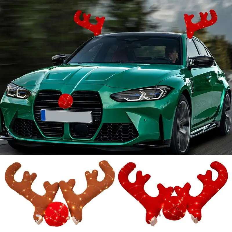 

Car Reindeer Antlers & Nose Window Roof-Top Grille Rudolph Reindeer Jingle Bell Christmas Decoration Costume Auto Accessories