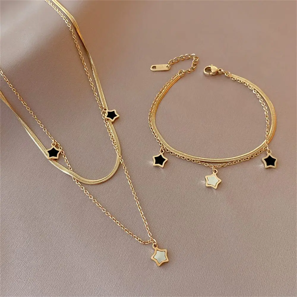 

New Korean Fashion Stainless Steel 2 Layer Enamel Star Pendant Necklace for Women Bracelet Party Trendy 2022 Jewelry