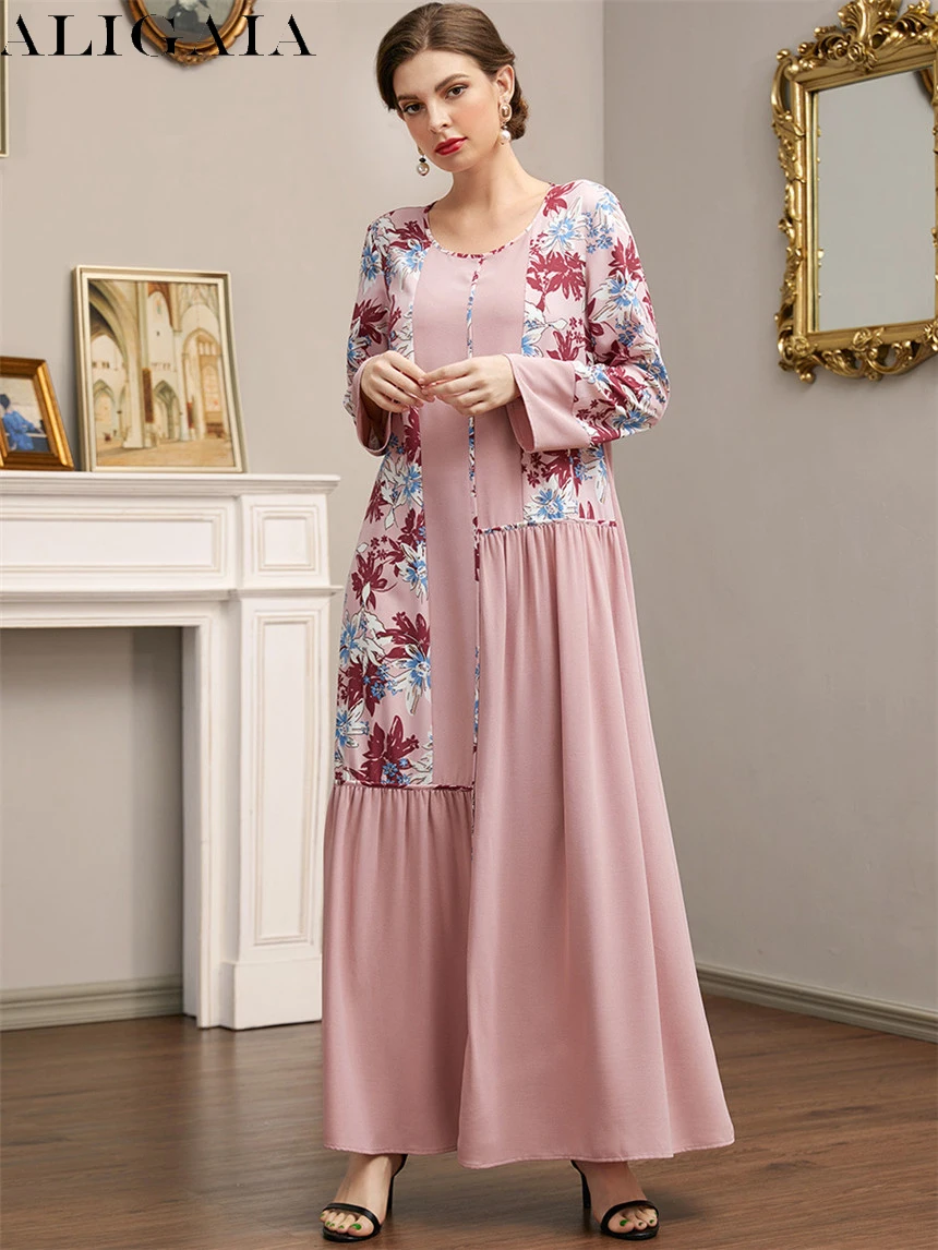 

Aligaia Spring Loose Maxi Dress Women Floral Print Casual Long Sleeve Contrast Color Patchwork Crew Neck Party Ladies Clothes
