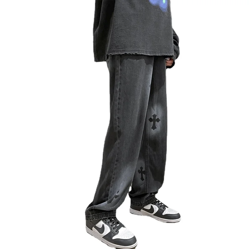 Streetwear Vintage Jeans Korean Style Jeans Men Loose Printed Straight Jeans Men Casual Button Mid Waist Wide-Leg Jeans Trousers