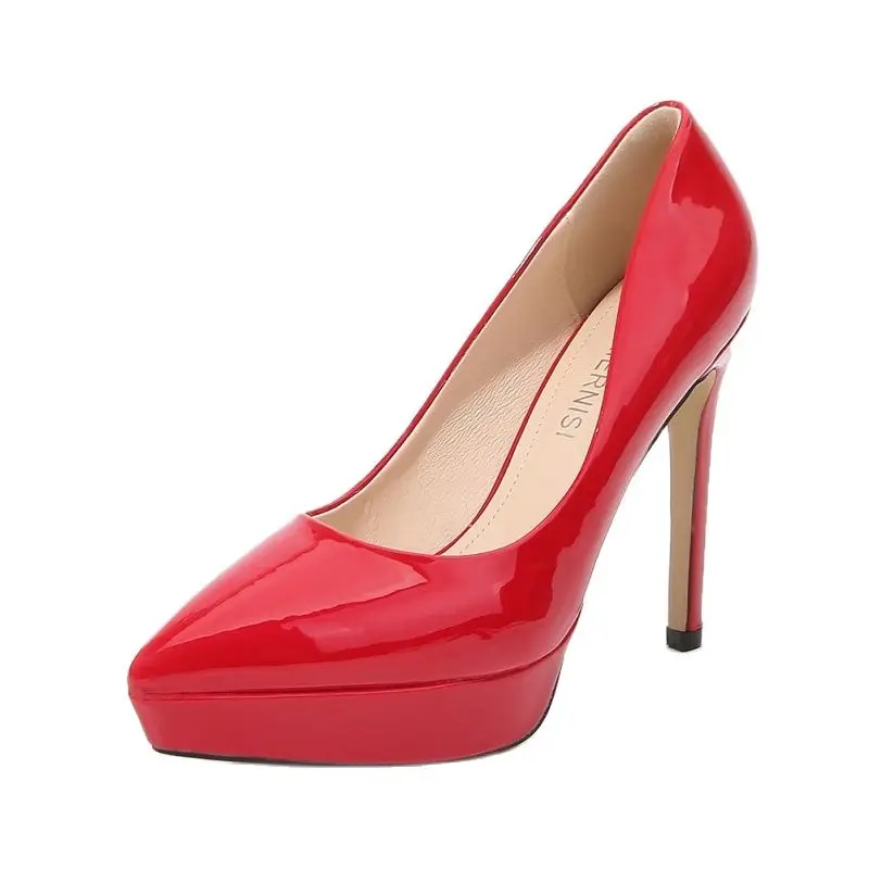 

Womens Pumps Soft Patent Leather Super Thin High Heels 12 Cm Red Pointed Toe Shallow Mouth Shoes For Office Ladies Plus Size 46