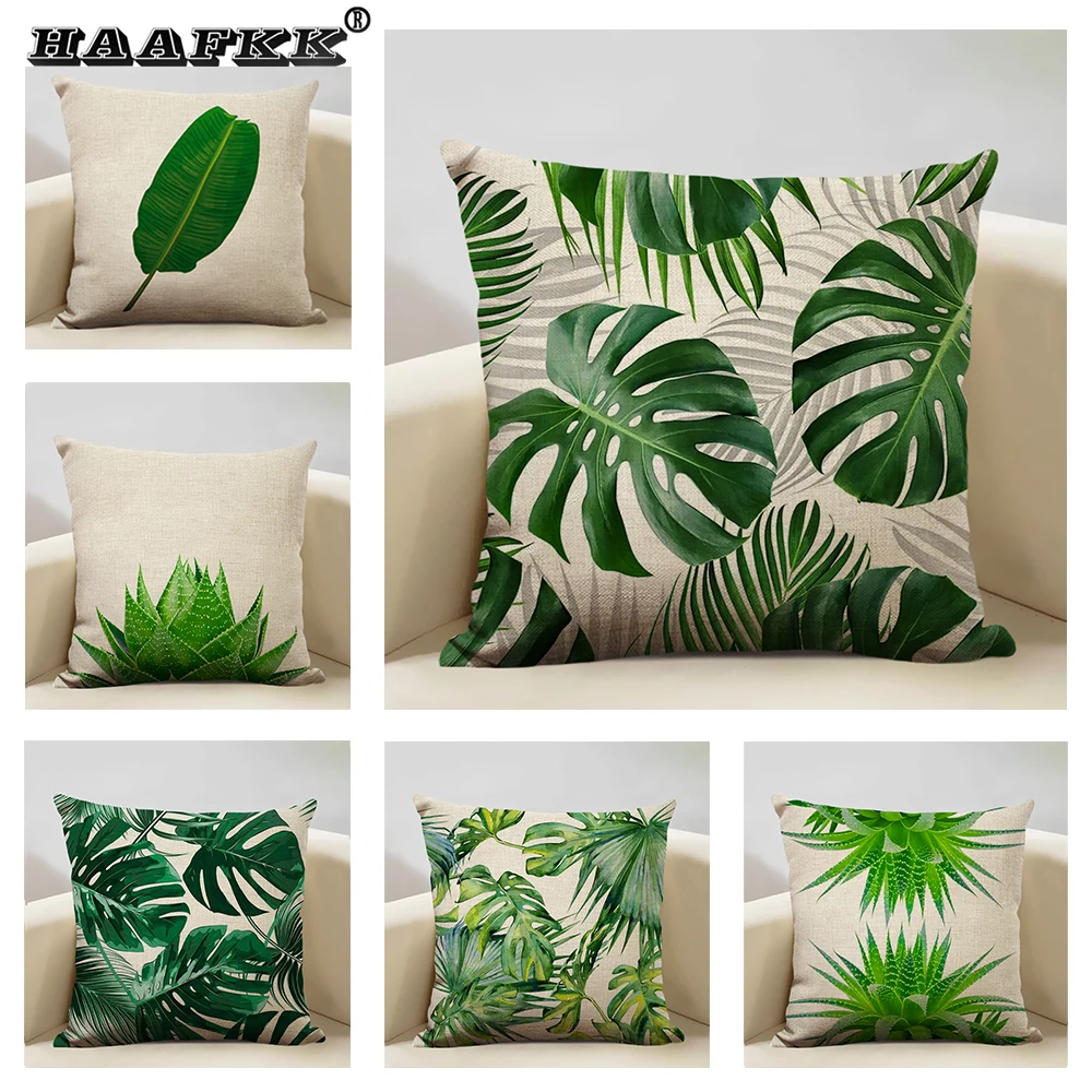Tropical Plant Palm Leaf Pattern Design Cushion Cover 45x45cm Linen Printing Process Art Deco Pillow Case for Living Room Sofa