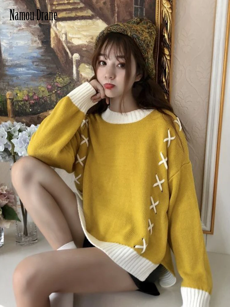 

Namou Drane 2022 Autumn/winter New Korean Version Loose Slit Knit Round Neck Pullover Short Versatile Sweater Lady