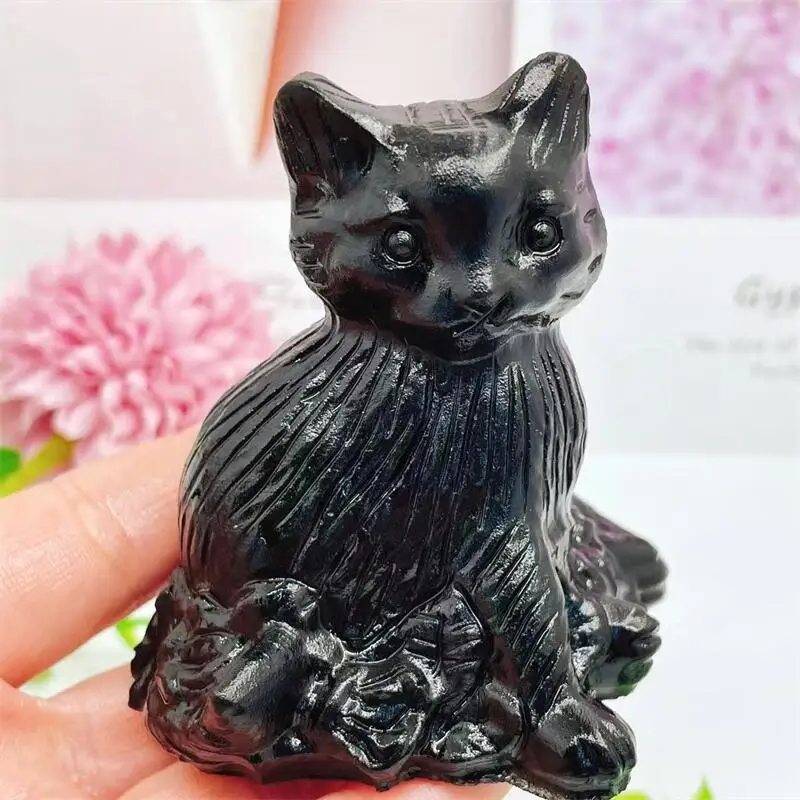 

Natural Black Obsidian Cat Crystal Cute Animal Carving Healing Healthy Children Toy Home Decoration Gift 1pcs