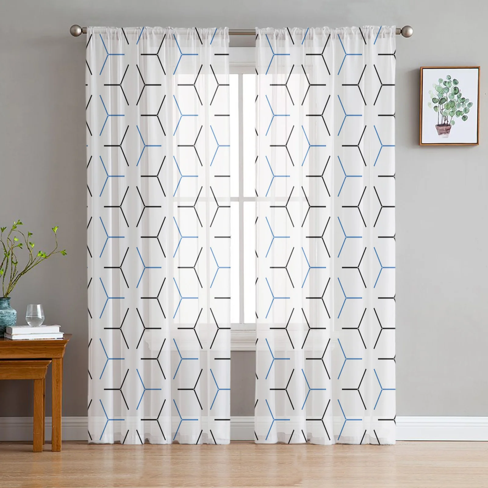 

Geometric Lines Sheer Voile Curtains Modern Window Treatment Chiffon Tulle Curtains for Kitchen Living Room Bedroom Decoration