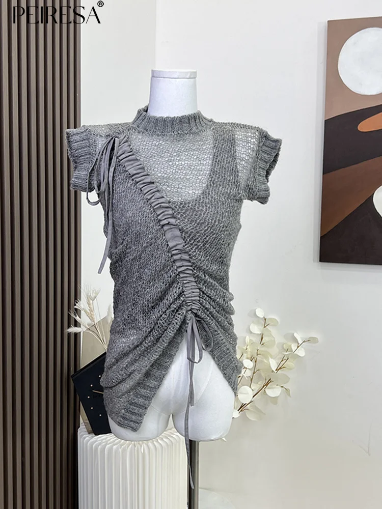 

PEIRESA Irregular Wool Drawstring Hollow Out Knitted Sweater For Women Pullovers Stand Collar Short Sleeve Tops 2023 New Summer