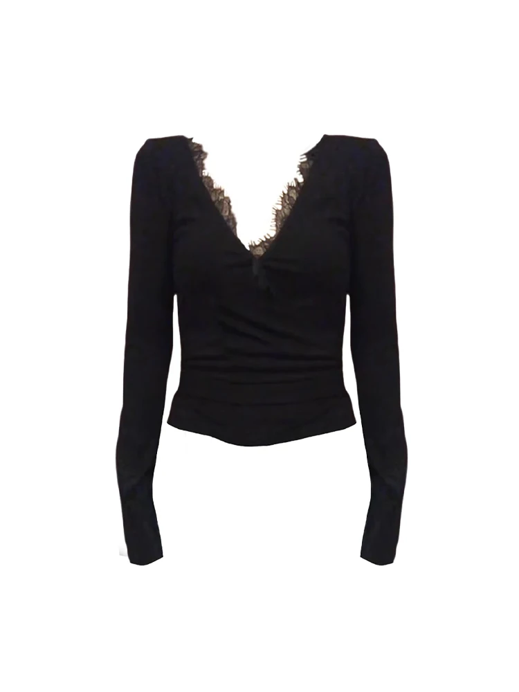 Бандажная футболка Chubby Girl Advanced Sense с v-образным вырезом и кружевной строчкой топ