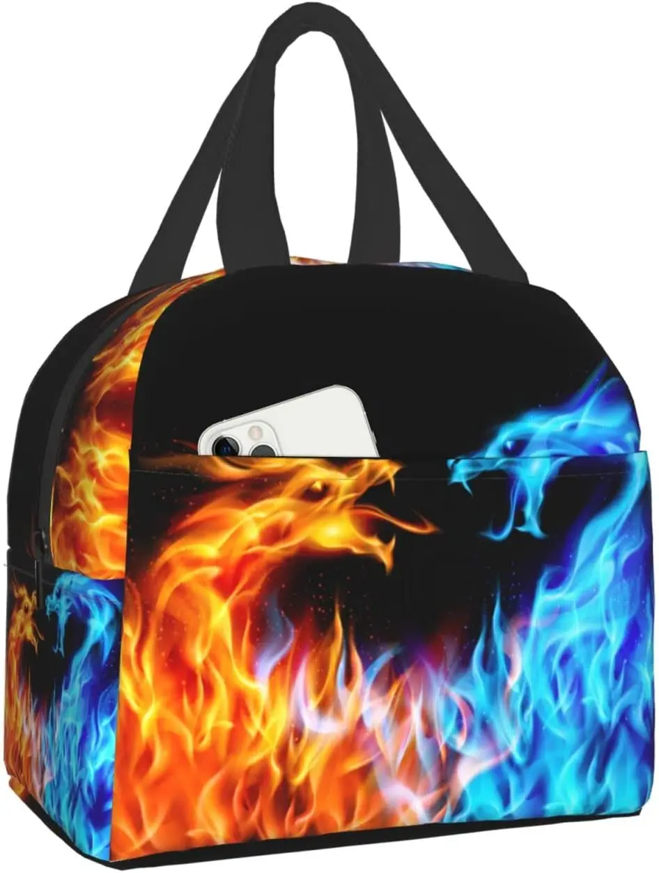

Red Blue Fire Dragon Lunch Bags For Women Portable Cooler Tote Bag Large Reusable Insulated Lunch Box For Travel Picnic Work