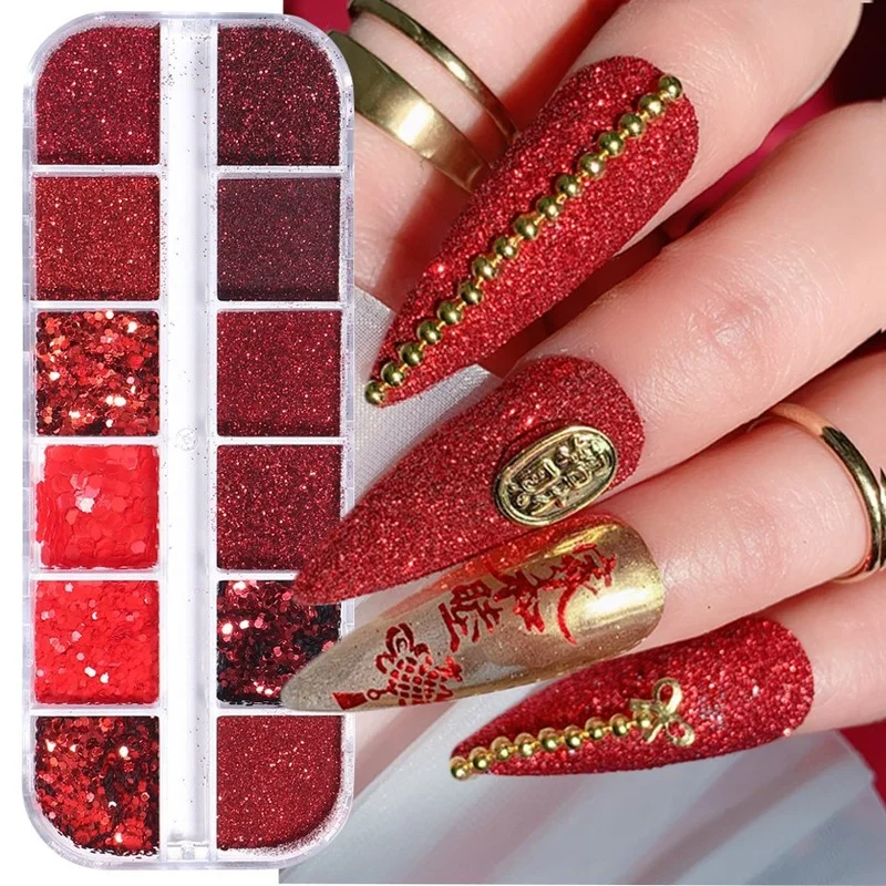 

12pcs/set Nails Art Nail Glitter Happy Red Blessing Bride Nail Wine Red Jewelry With Ins For Nail Tip's Beauty