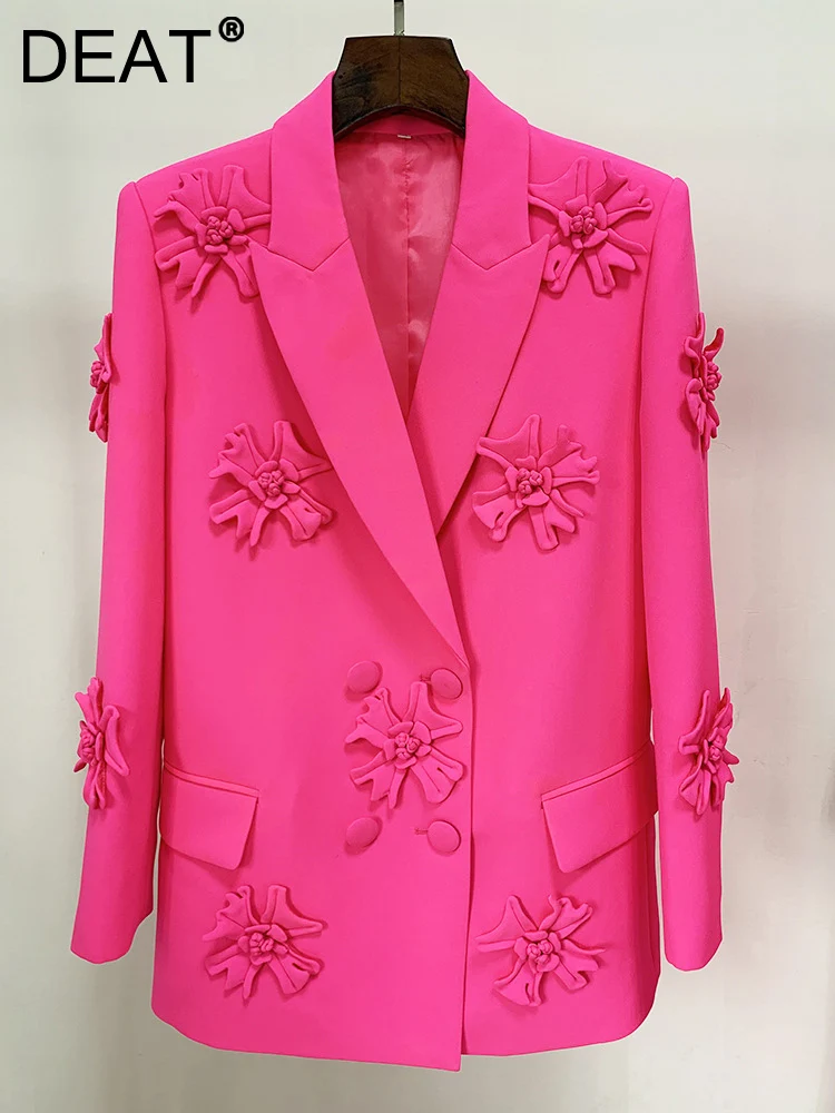 

[DEAT] New Female Slim Floral Design Elegant Suit Long Sleeve Loose Double Breasted Turn-down Collar Coat 2023 Spring 13DB296