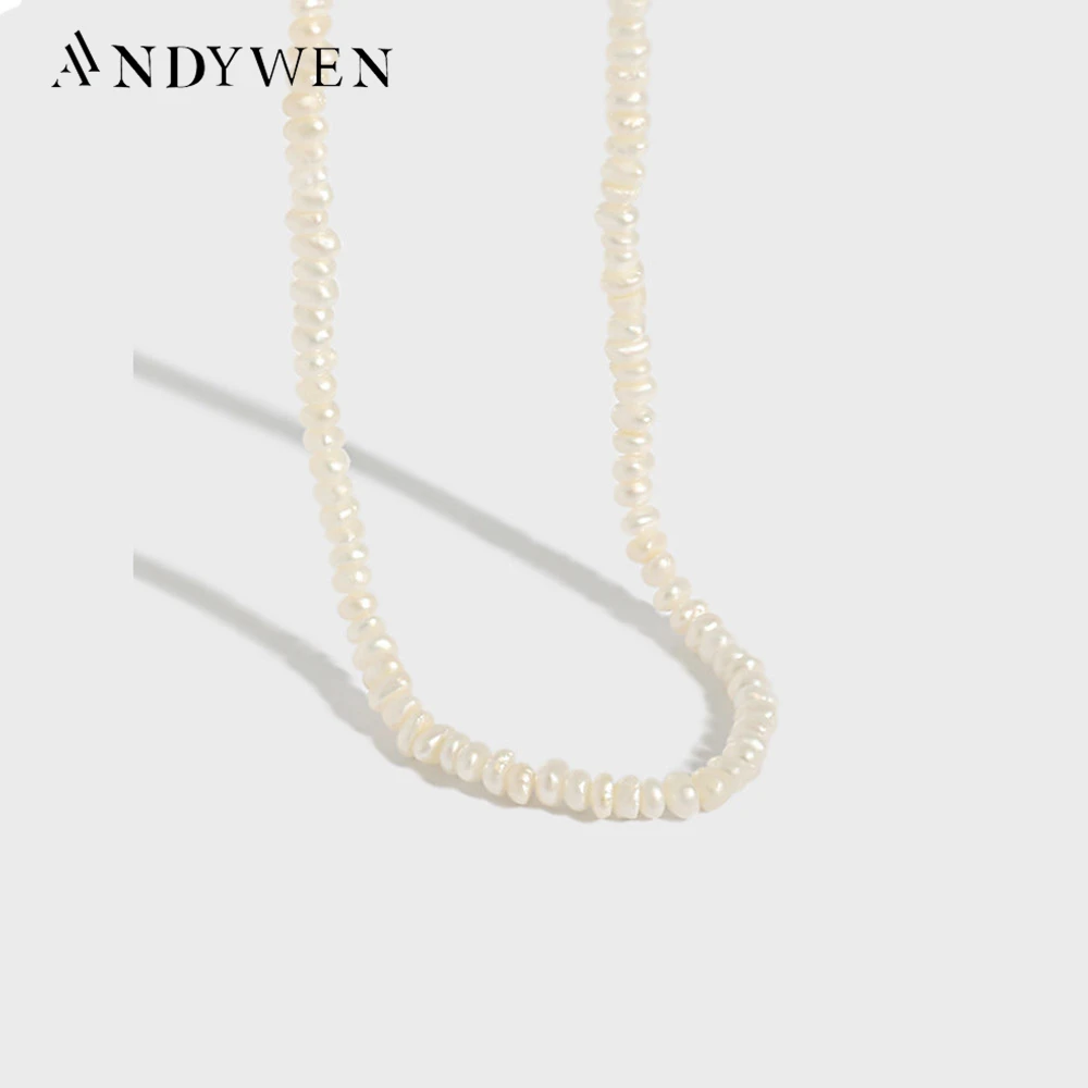 

ANDYWEN 925 Sterling Silver Luxury Pearl Charm Chain Neckalce Long Fashion Women Wedding Collar Tiny Jewelry Rock Punk Fashion