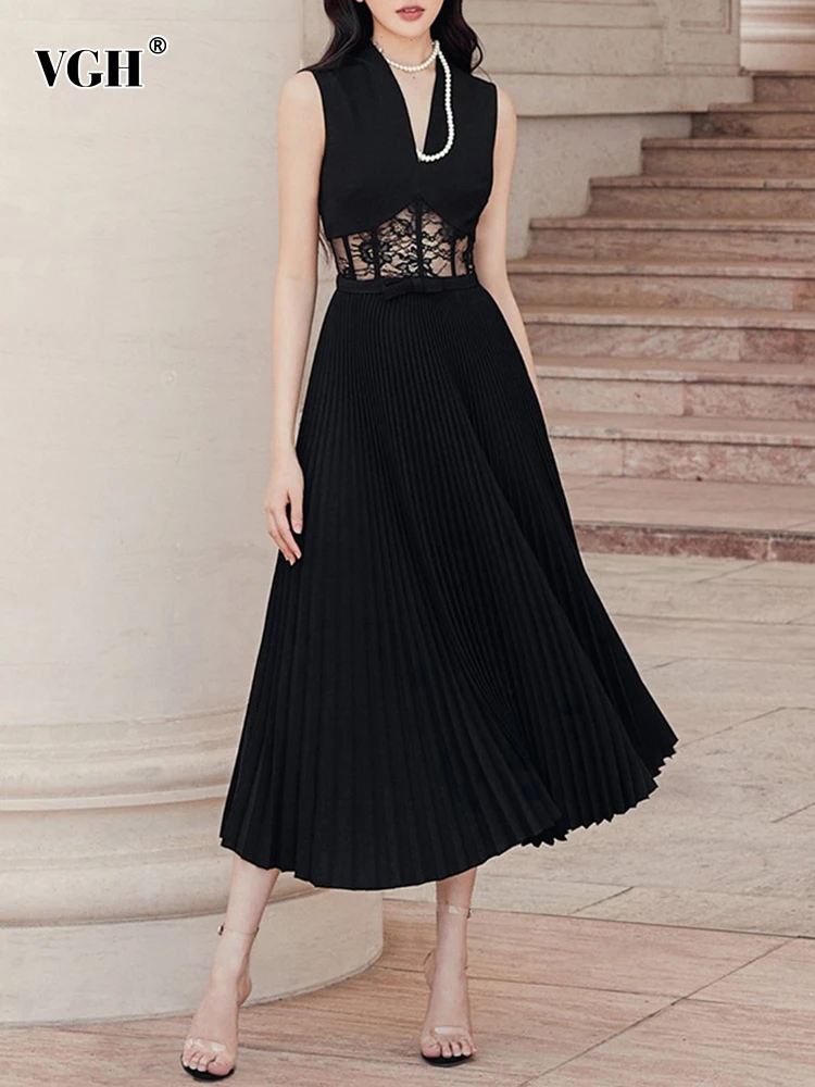 

VGH solid elegant pleated dresses for women deep v neck sleeveless high waist patchwork sheer lace slimming dress female 2023