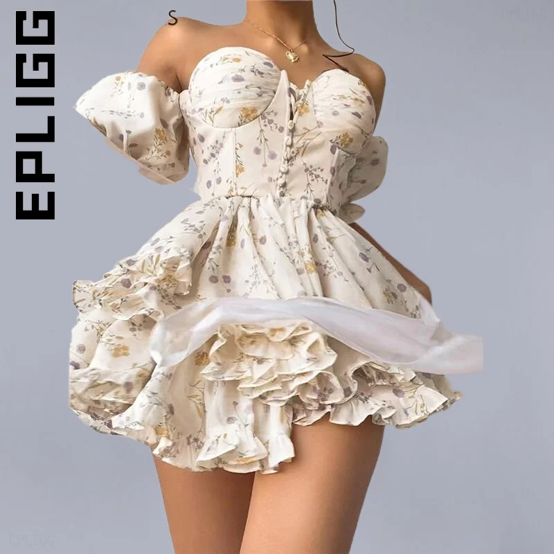 

Платье Epligg женское с пышными рукавами, элегантное пикантное винтажное мягкое мини-платье с цветочным принтом, базовая одежда, на лето