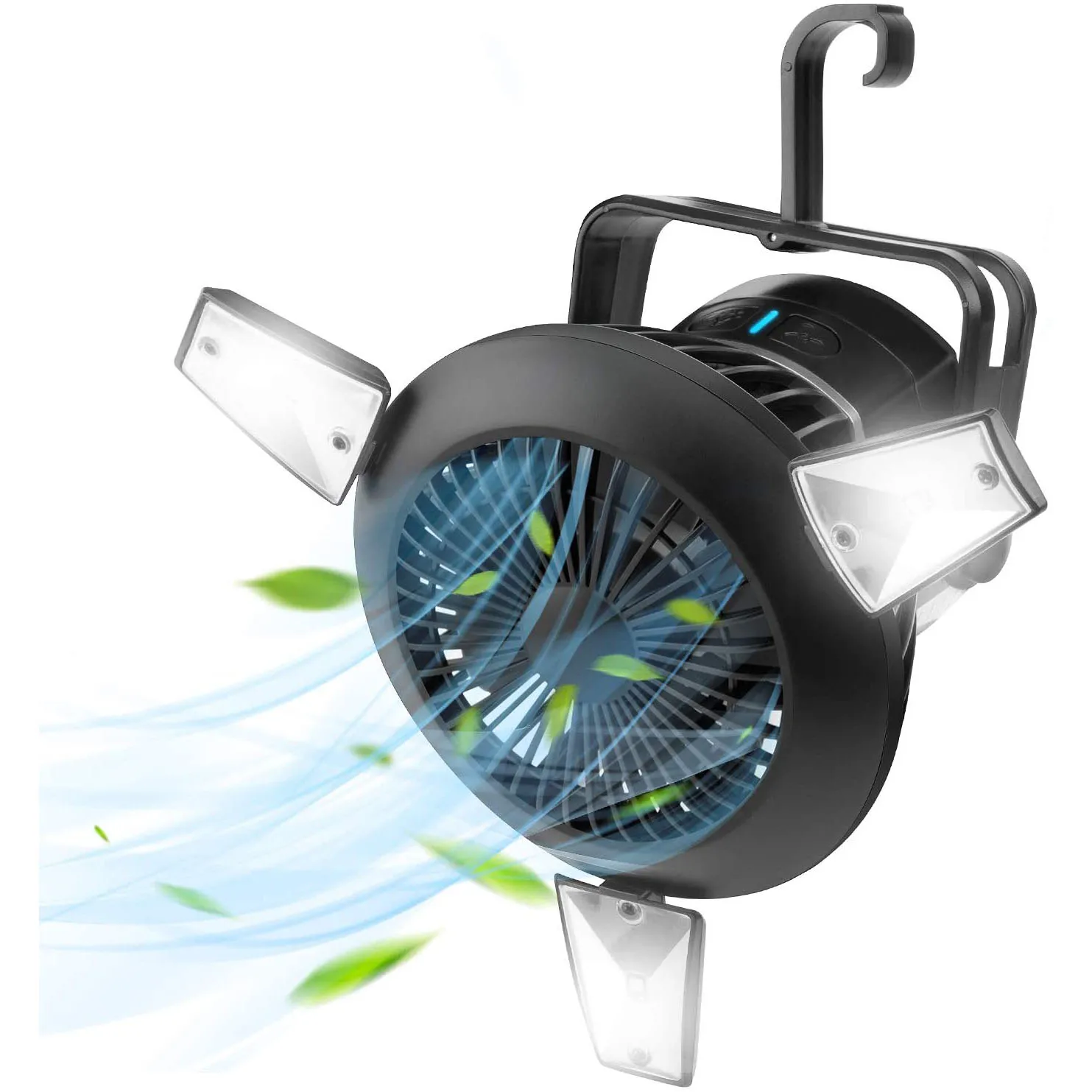 

Camping Fan Rechargeable Tent Fan with Hanging Hook Portable Solar Fan with Light Mini USB Standing Cooling Fan Black