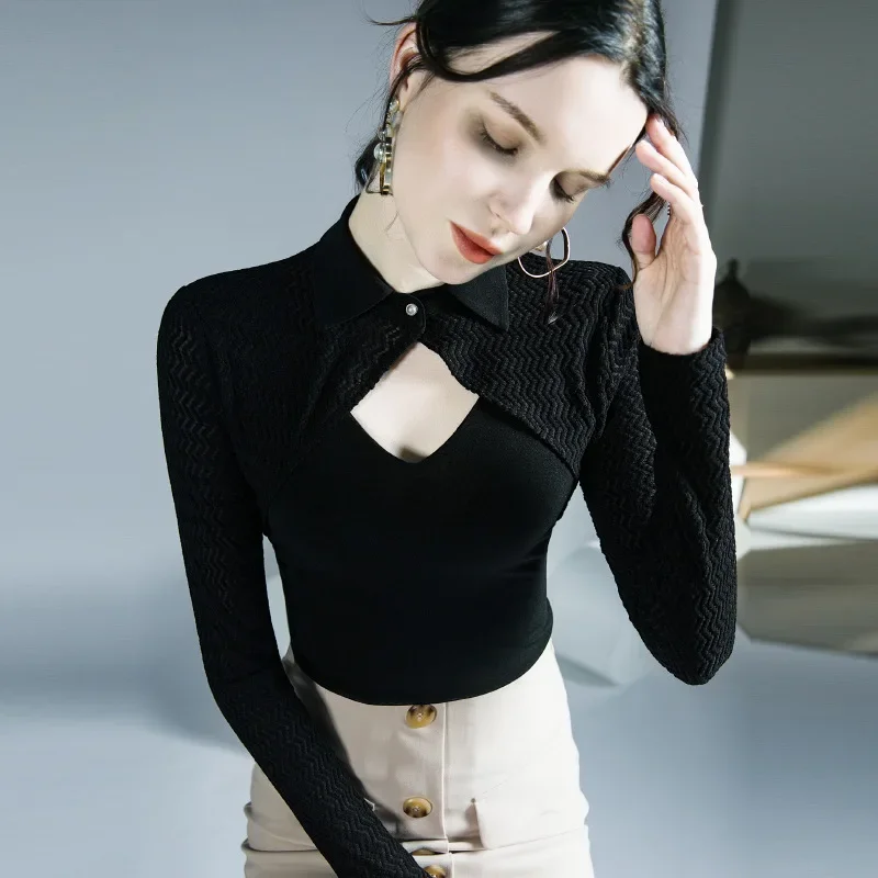 Осенняя новая футболка с полым дизайном и поясом сетчатым слоем стильная