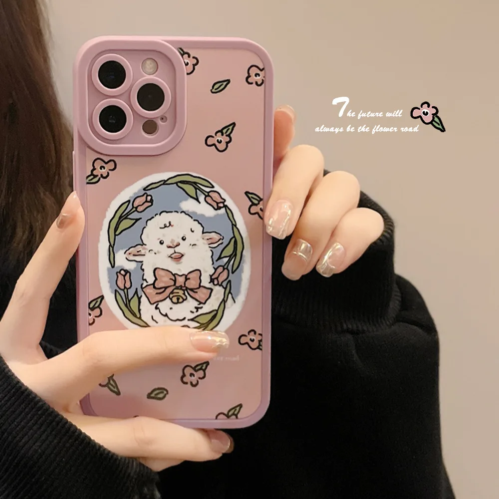 Retro wreath sheep Kawaii Little Lamb art Shockproof Phone Case For iPhone 13 12 11 Pro Max XR Xs Max X 7 8 Plus Case Cute Cover