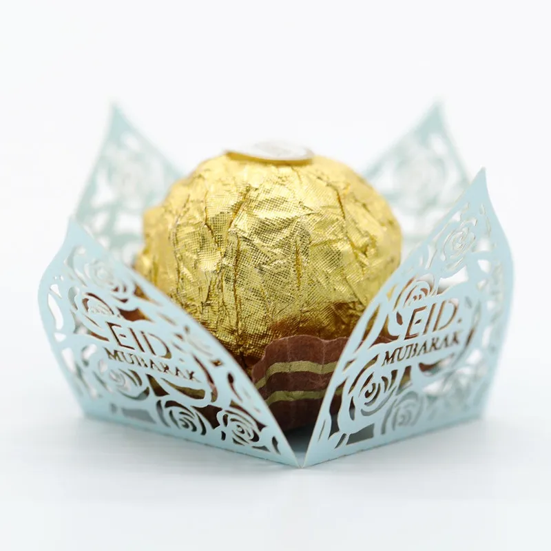 

50pcs 2023 Eid Mubarak Chocolate Rose Wrappers Paper Candy Dragee Box Ramadan Favor Decoration DIY Cookies Packaging Supplies
