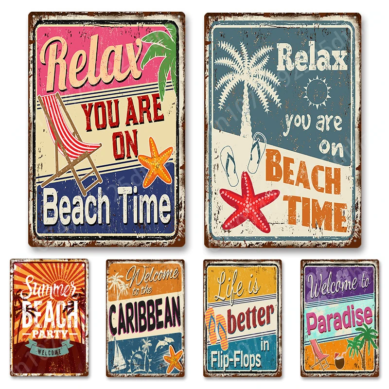 

Beach Time Metal Tin Sign Seaside Cafe Bar Pub Restaurant Wall Decor Vintage Art Posters Home Room Decoration Painting Plaque