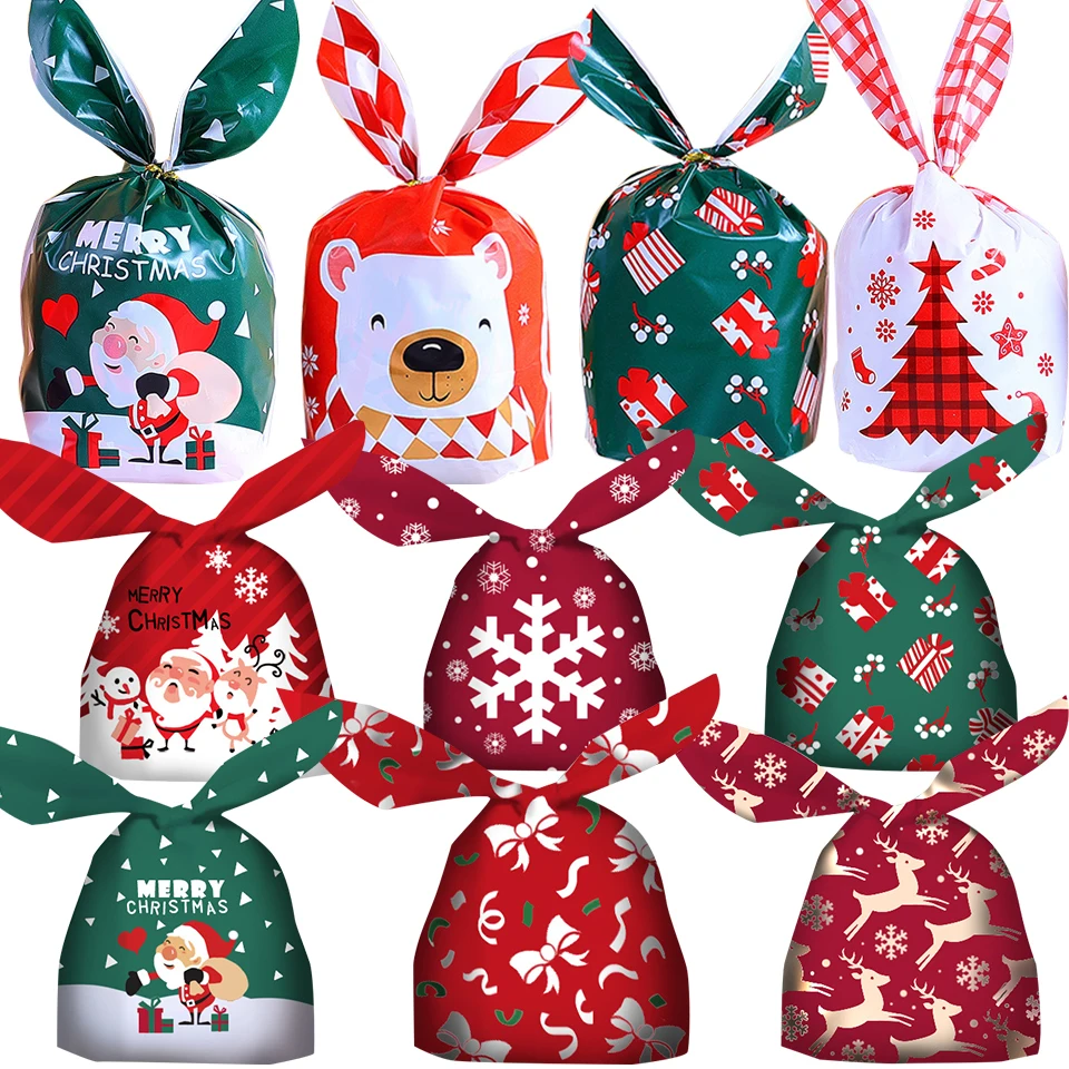 

10/20pcs Christmas Rabbit Ear Candy Bags Plastic Carton Santa Claus Snowman Candy Bags For Xmas Noel Cookies Packing Supply