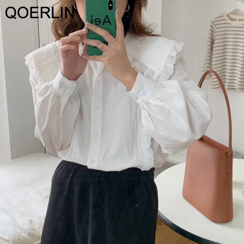 

QOERLIN, матросский воротник, кружевные белые рубашки, женская блузка с длинным рукавом, топы на пуговицах, рубашки, женские офисные корейские м...