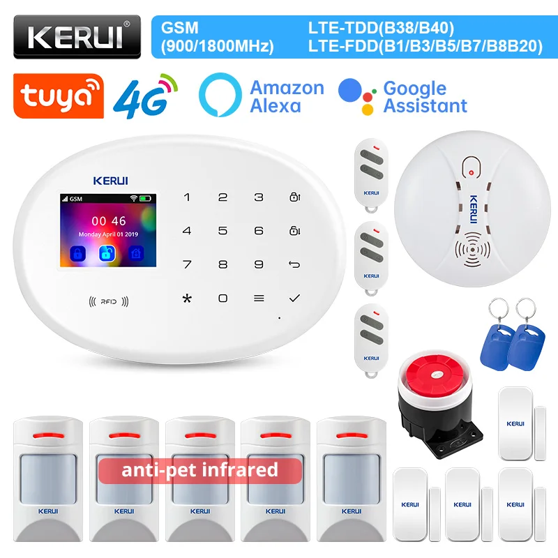 KERUI 4G WIFI GSM Alarm System Pet Friendly Motion Sensor Tuya Smart Wireless Alarm Support Alexa Door Detector Siren RFID