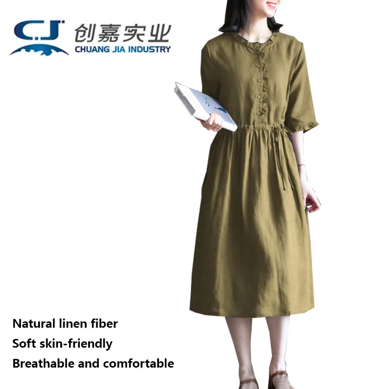 Льняное весенне-летнее женское платье с семиточечным рукавом и воротником
