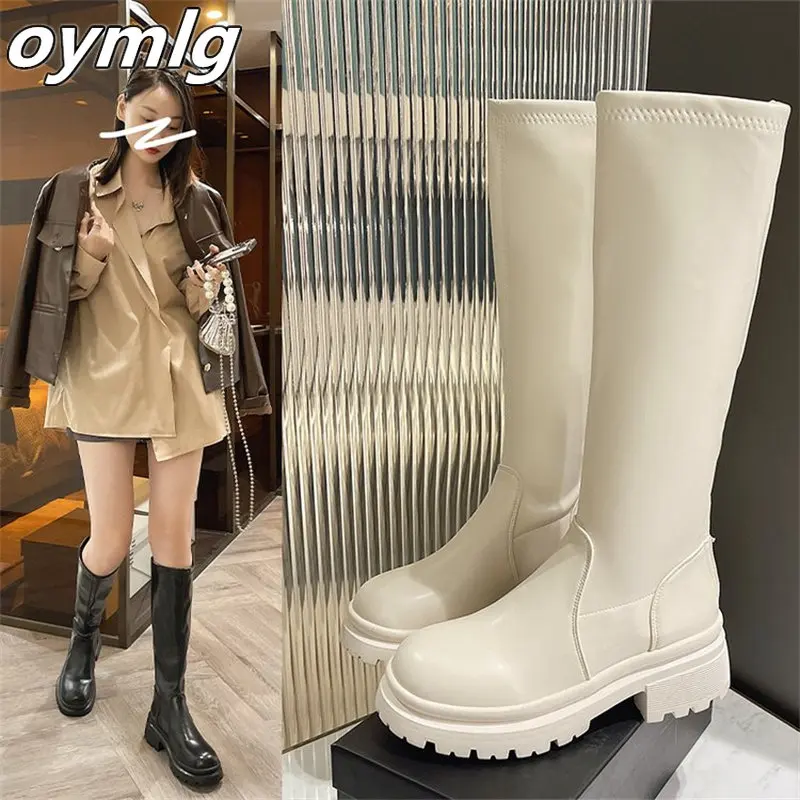 Autumn and winter new high boots women's round toe thick bottom but knee boots small elastic thin boots