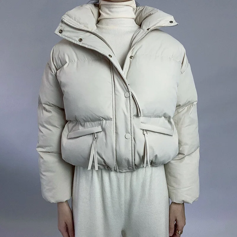 Winter White Turtleneck Zip Pocket Long Sleeve Coat Woman Casual Warm Street Simple Fashion Coat Short Jacket Office Lady