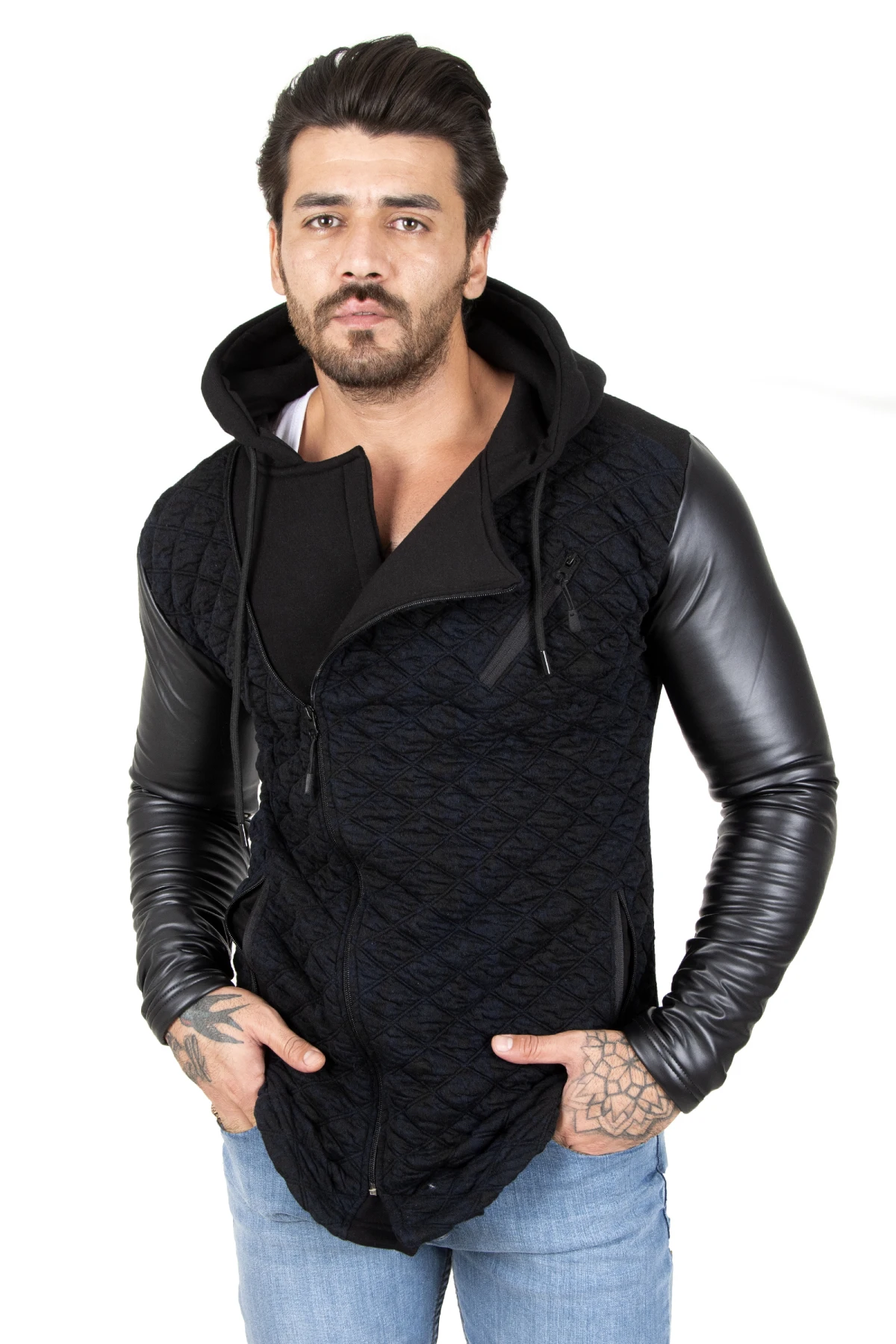 DeepSEA Male Hooded Faux Leather Coats Slim Fit Pattern Cross Zipper Autumn Winter High Quality Casual 2210076