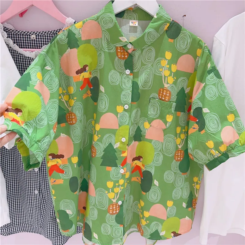 Новинка Свободная рубашка в гонконгском ретро-стиле с мультяшным принтом